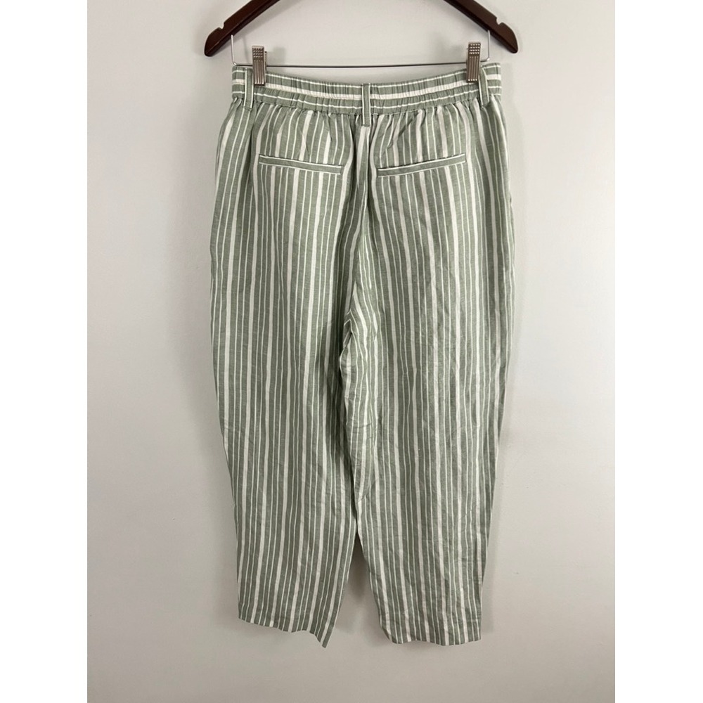 Madewell Striped Tapered Pants Women 6 Green White Linen Blend Pleated No Belt - Picture 2 of 10
